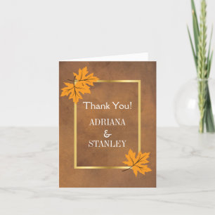 Orange maple leaves on brown wedding Thank You Card