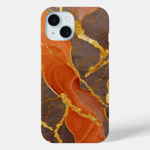 Orange Marble Pattern with Gold iPhone 15 Case