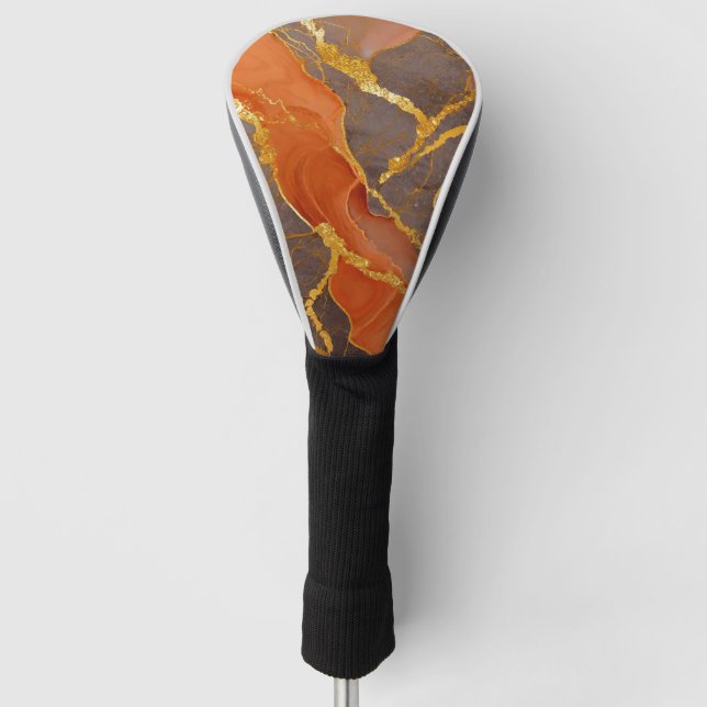 Orange Marble Pattern with Gold Golf Head Cover (Front)