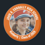 Orange Marching Band Photo High School Spirit Magnet<br><div class="desc">This cool customised high school marching band photo features white typography of your team and player name on an orange magnet. Personalise with your student's photograph and class year as a proud parent. A mum and dad can wear these buttons to competition and games.</div>