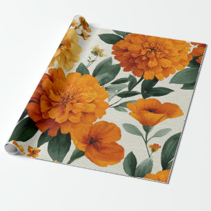 Orange Marigold Botanical Floral Watercolor Autumn Wrapping Paper