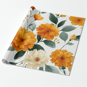 Orange Marigold Botanical Floral Watercolor Autumn Wrapping Paper