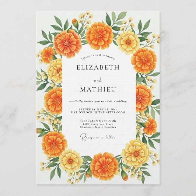 Orange Marigold Floral Whimsy Wedding Invitation (Front)