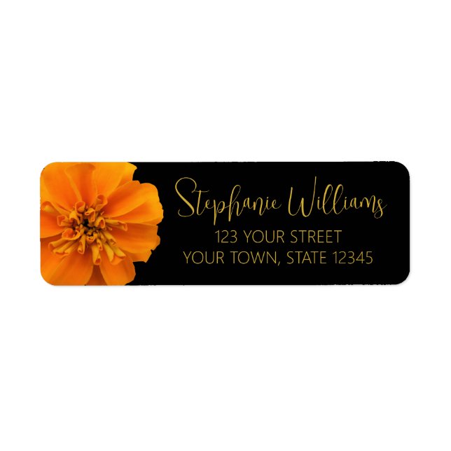 Orange Marigold Flower Black Return Address Label (Front)