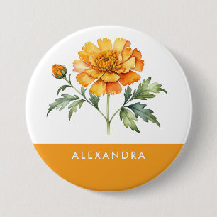 Orange Marigold Flower Personalised Pin Button