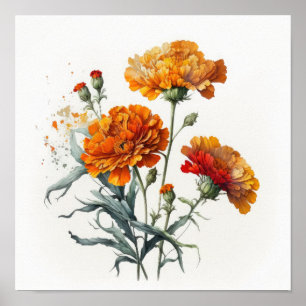 Orange Marigold Flowers Art Print Poster