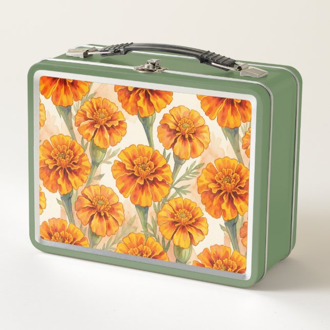 Orange marigold flowers pattern metal lunch box (Front)