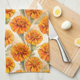 Orange marigold flowers pattern tea towel