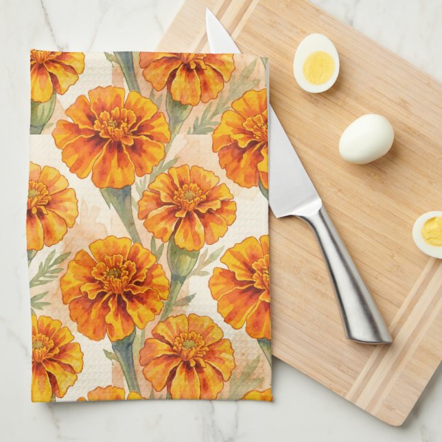 Orange marigold flowers pattern tea towel (Quarter Fold)