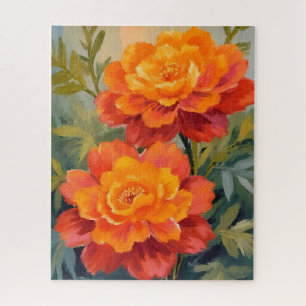 Orange Marigold Flowers Watercolor Botanical Jigsaw Puzzle