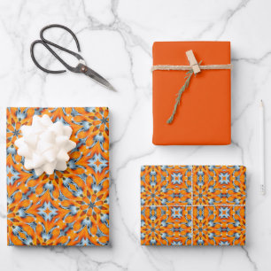 Orange, Marigold, Silver & Platinum Burst Pattern Wrapping Paper Sheet