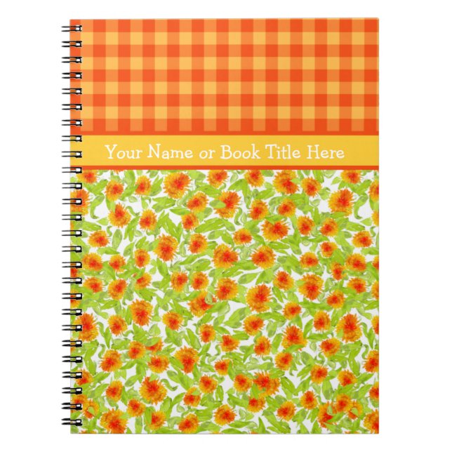Orange Marigolds and Check Gingham Spiral Notebook (Front)