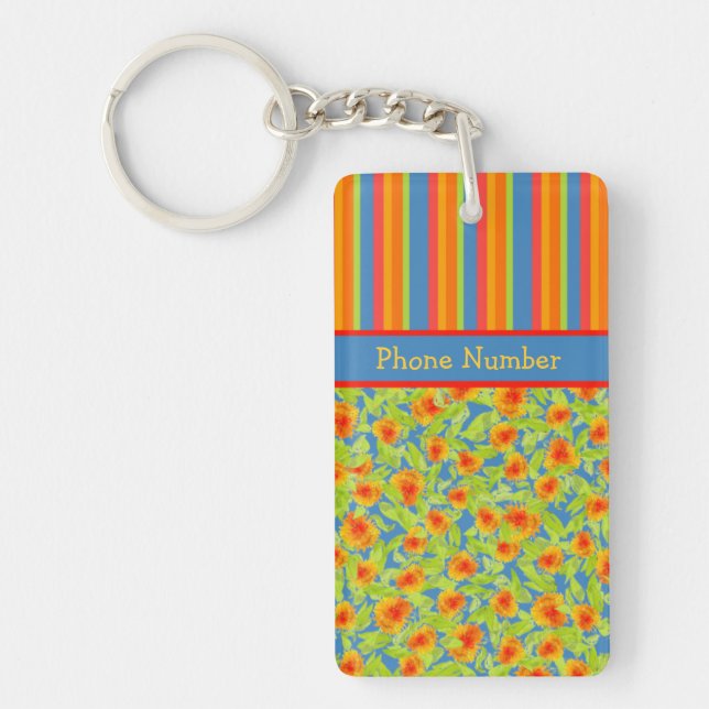 Orange Marigolds, Stripes Keychain to Personalise (Front)