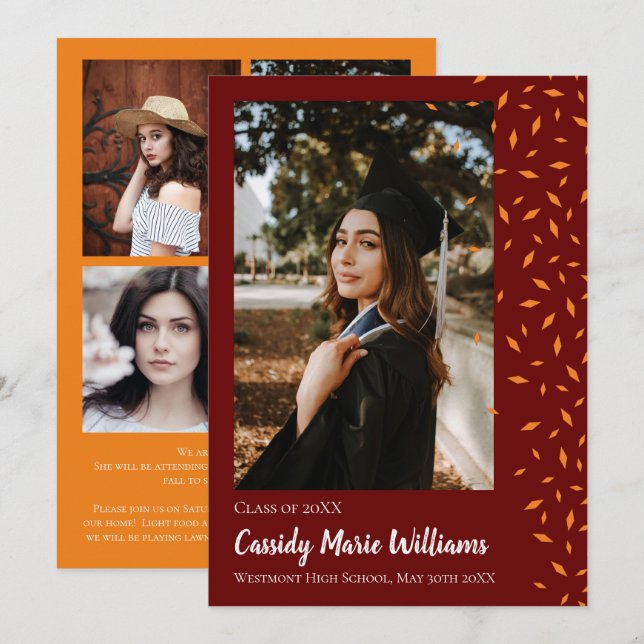 Orange Maroon Confetti Graduation Announcement (Front/Back)