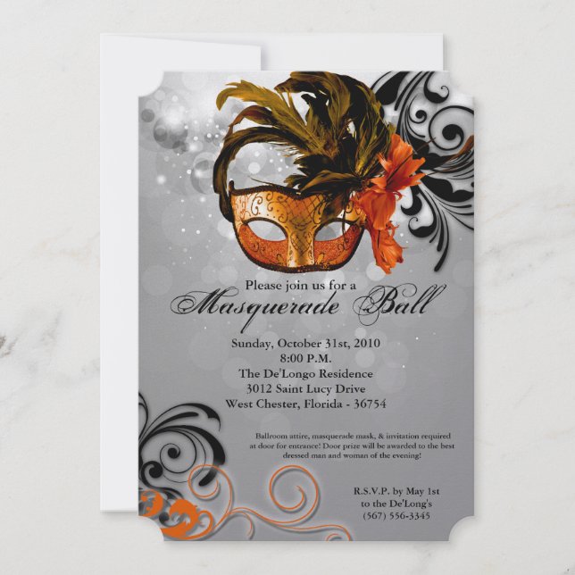 Orange Masquerade Ball Mask Costume Halloween Part Invitation (Front)