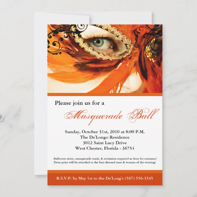 Orange Masquerade Mask Ball Costume Halloween Invitation (Front)