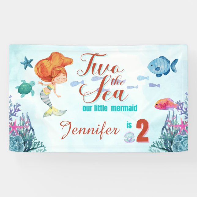 Orange Mermaid Two the Sea Girls 2nd Birthday Banner (Horizontal)