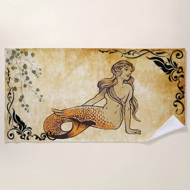 orange mermaid with border v1 beach towel (Front)