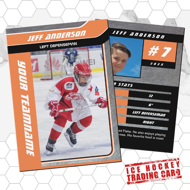 Orange Metal Ice Hockey Trading Card (Hockey Trading Card with custom team name and hockey player name in Orange and Metal)