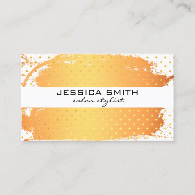 Orange Metallic Brushed Gold Polka Dot Business Card (Front)