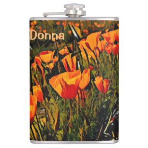 Orange Mexican Gold Poppies blooming in spring Hip Flask