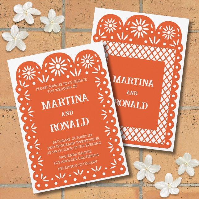 Orange Mexican papel picado wedding invitation (Creator Uploaded)