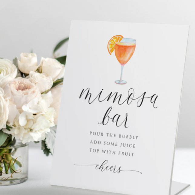 Orange Mimosa Bar Bridal Shower Sign Watercolor (Mimosa Bar Bridal Shower Sign - Modern Elegant Romantic Fun Swirly Script with Orange Mimosa)