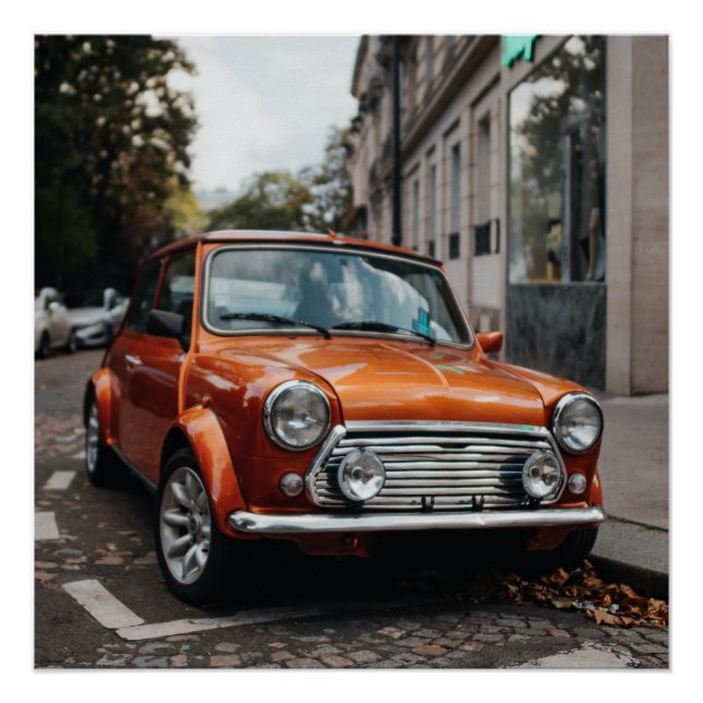 Orange Mini Cooper Classic Car Glossy Poster (Front)