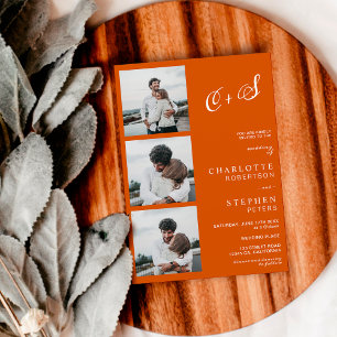 Orange minimalist casual initials photo wedding invitation