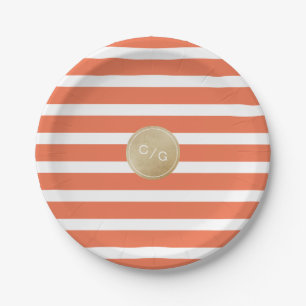 Orange minimalist modern wedding monogram paper plate