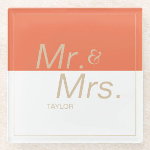 Orange minimalist modern wedding mr & mrs glass coaster