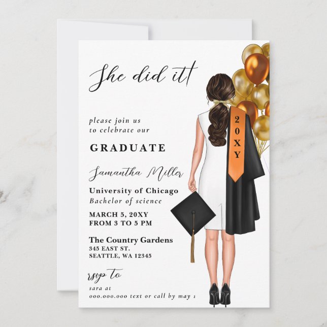 Orange Minimalist Photo She Did It Graduation Invitation (Front)