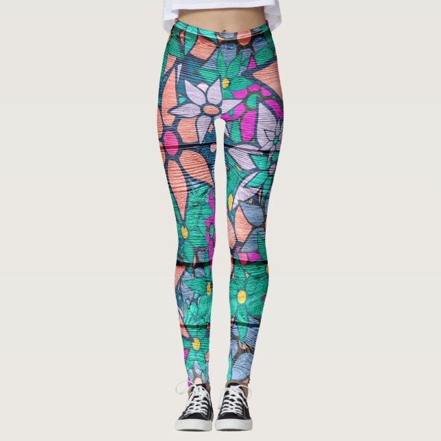 Orange Mint Pink Floral Leggings (Front)