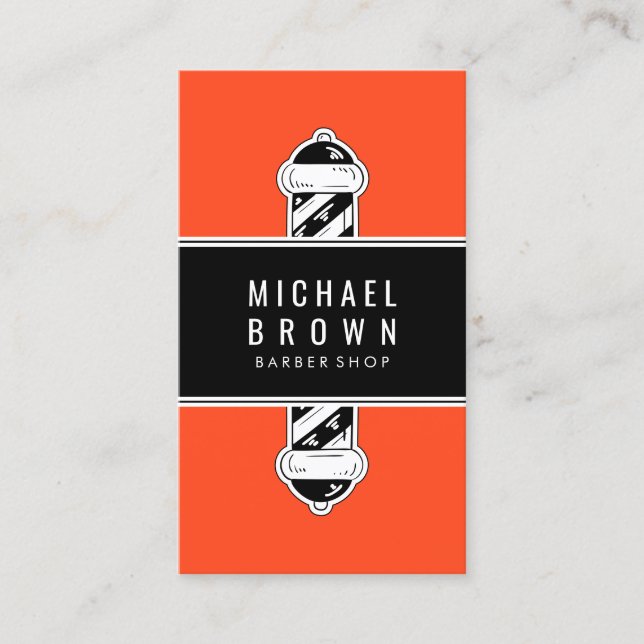 Orange Modern Barber Pole Men hairstyling Business Card (Front)