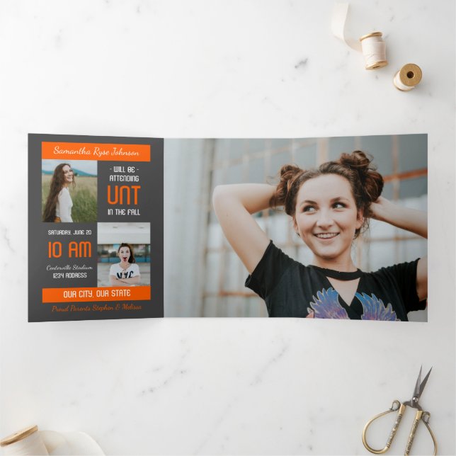 Orange Modern Block 5-Photo Graduation Tri-Fold Invitation (Inside)