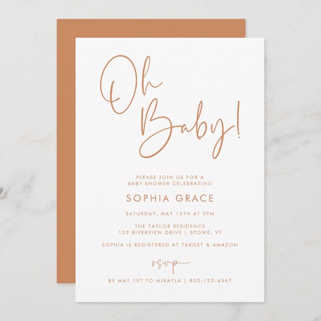 Orange Modern Boho Gender Neutral Baby Shower Invitation (Front/Back)