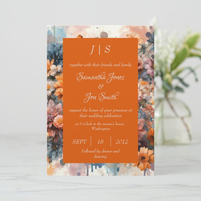 orange Modern floral wedding  invitation (Standing Front)