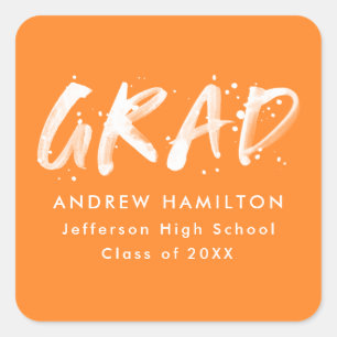 Orange   Modern Paint Splatter Graduation Square Sticker