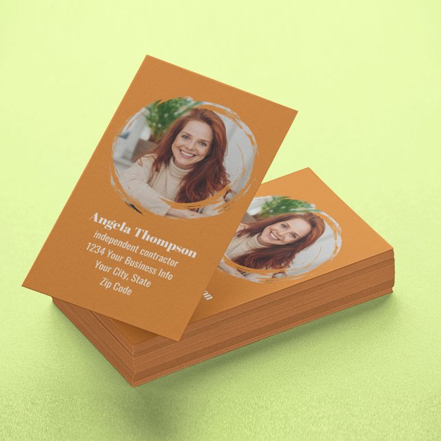 Orange Modern Photo QR Code Custom Business Card (Business card with orange theme and photo template.)