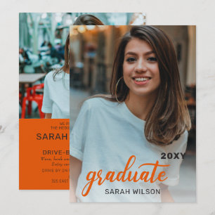Orange Modern Script Graduate Two Photos Drive By  Invitation