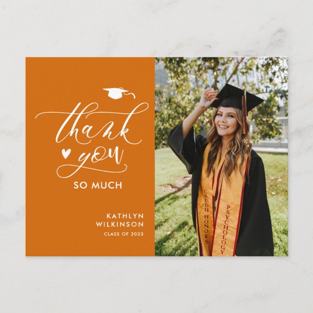 Orange Modern Script Simple Graduation Thank You Postcard (Front)