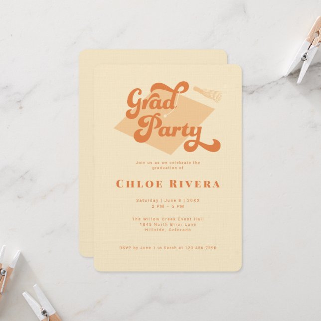 Orange Modern Tassel Grad Party Invitation (Front/Back In Situ)