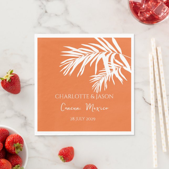Orange Modern Tropical Leaves Custom Wedding   Napkin (Insitu)