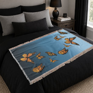 Orange Monarch Butterflies Blue Ombre Nature Throw Blanket