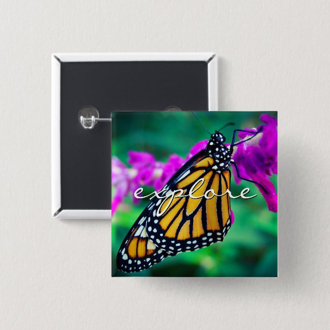 Orange Monarch Butterfly Explore Script Modern 15 Cm Square Badge (Front & Back)
