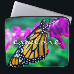 Orange Monarch Butterfly Explore Script Modern Laptop Sleeve<br><div class="desc">A close-up photo of a delicate, orange and black monarch butterfly resting on a bright magenta flower. Explore thoughts of warm, sunny days whenever you use this stunning, colourful photography neoprene laptop sleeve. This laptop sleeve comes in three sizes: 15", 13", and 10”. Makes a great gift for someone special!...</div>