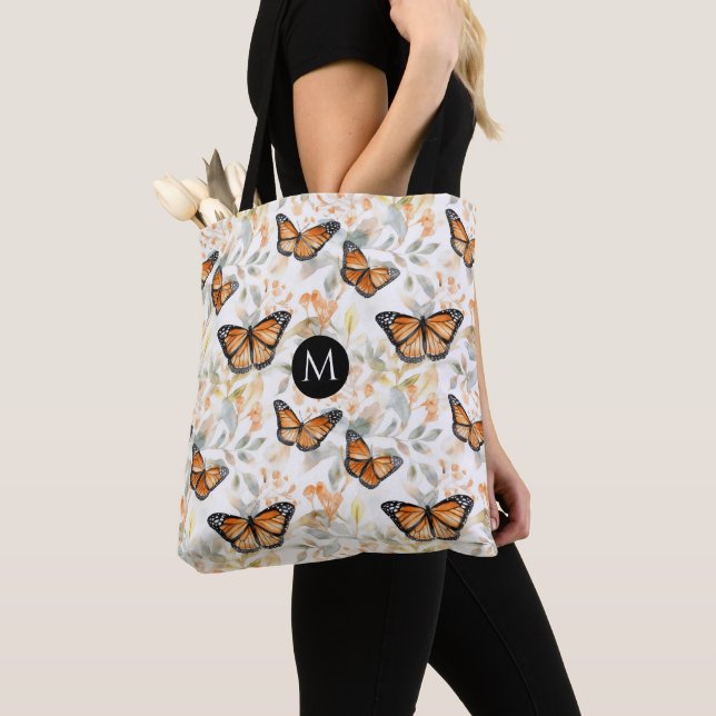 Orange Monarch Butterfly Pattern Monogram Tote Bag (Close Up)