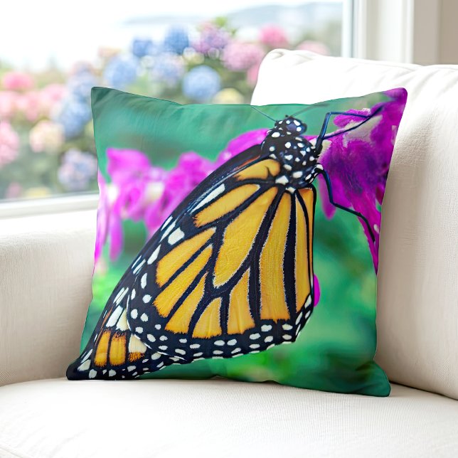 Orange monarch butterfly photo purple flower bold cushion (Creator Uploaded)