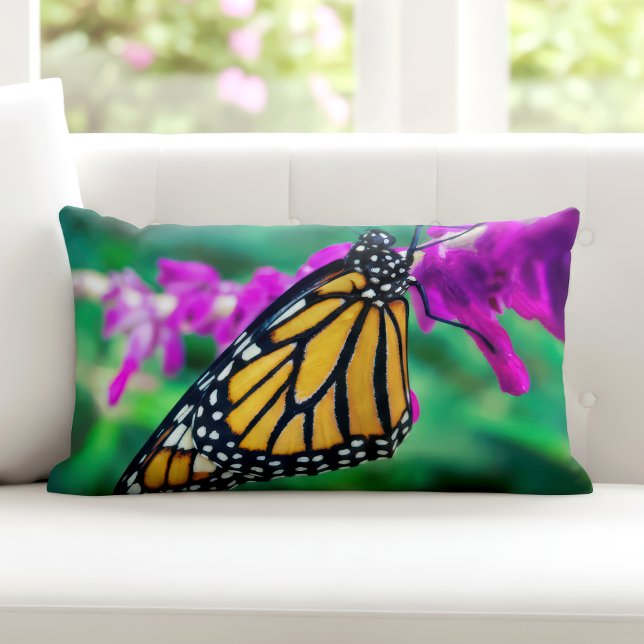 Orange monarch butterfly photo purple flower bold lumbar cushion (Creator Uploaded)
