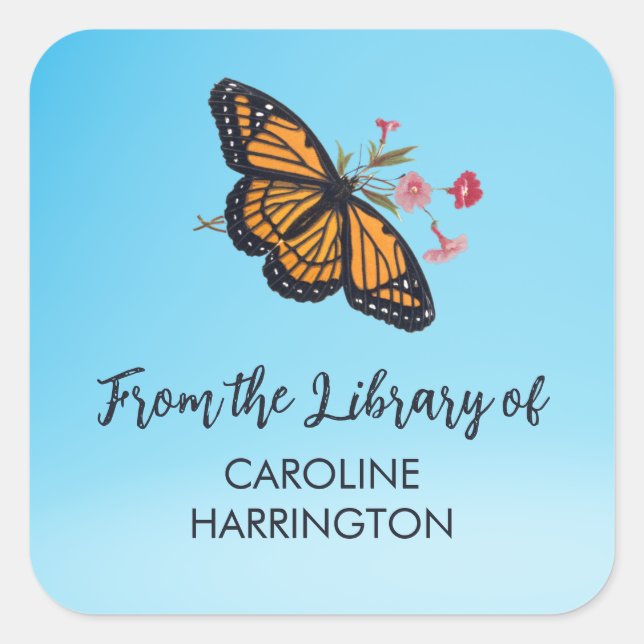 Orange Monarch Butterfly Pretty Sky Blue Bookplate Square Sticker (Front)